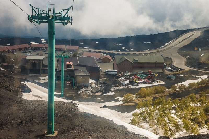 Ski lift and snowy slope at Etna