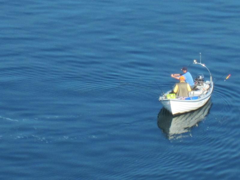 Angler in a small motorboat on calm water