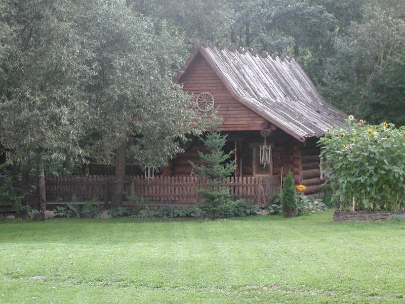 Wooden holiday house in a green garden