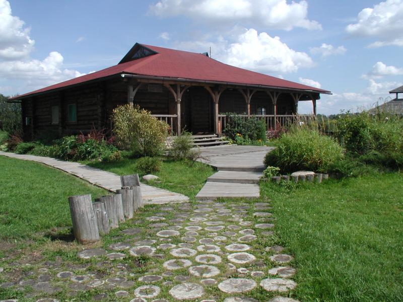 Wooden house with veranda in the Datscha garden