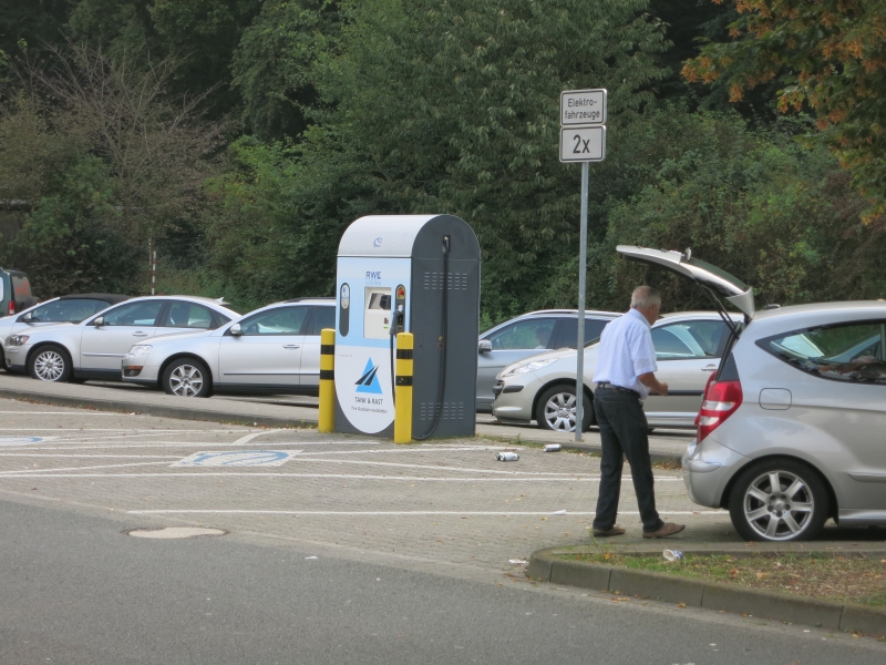 Electric car charging station at a motorway rest area