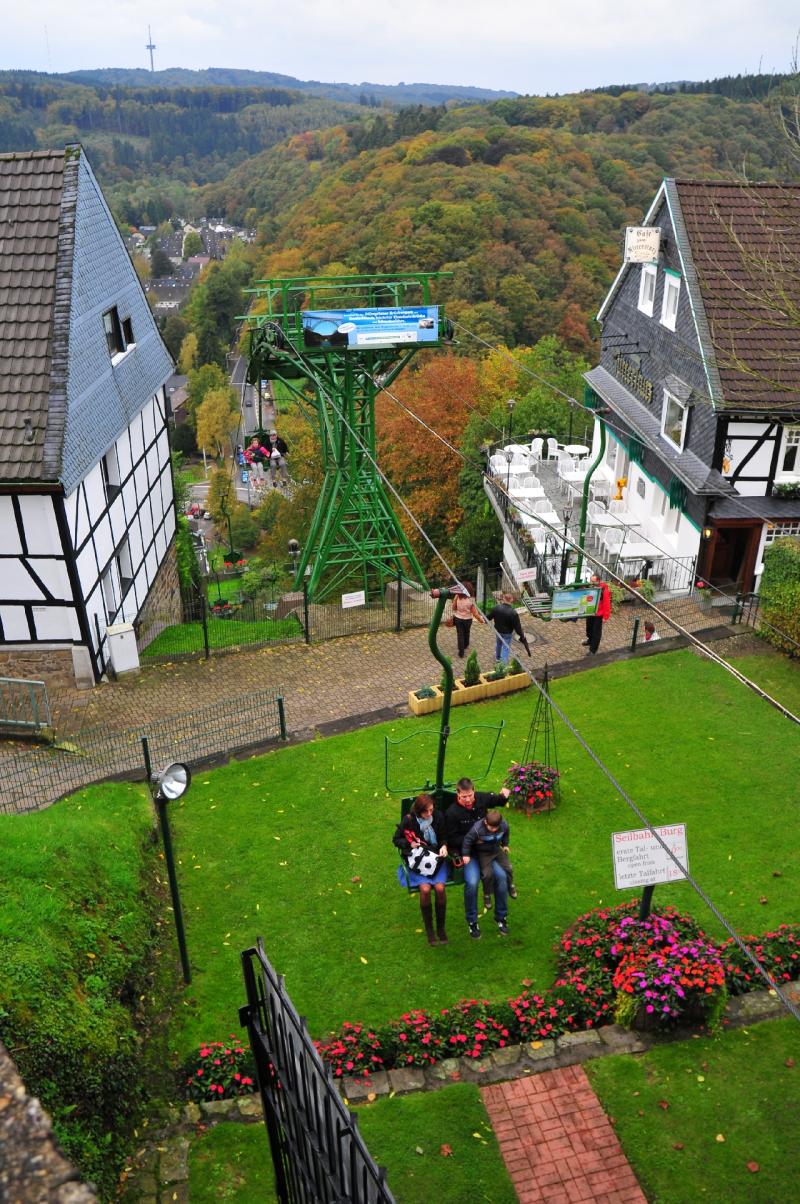 Family rides on a cable car over a forested landscape