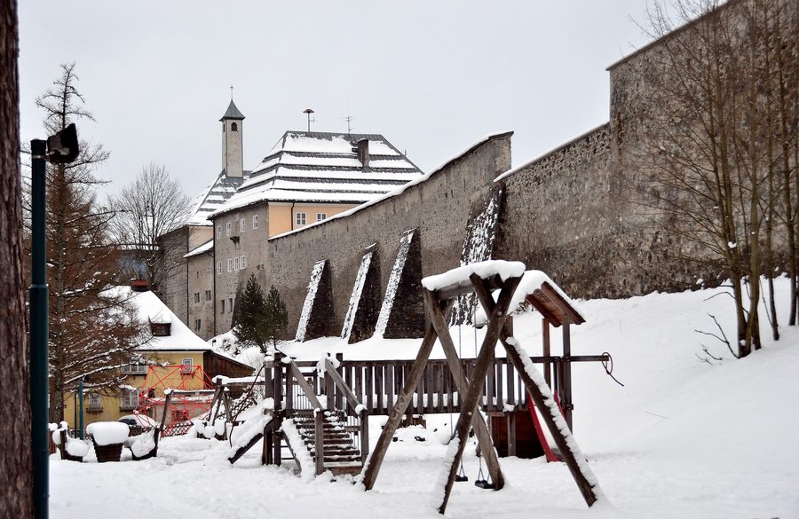 Town wall of Radstadt on Karl-Berg-Gasse with former Capuchin church and former castle or monastery