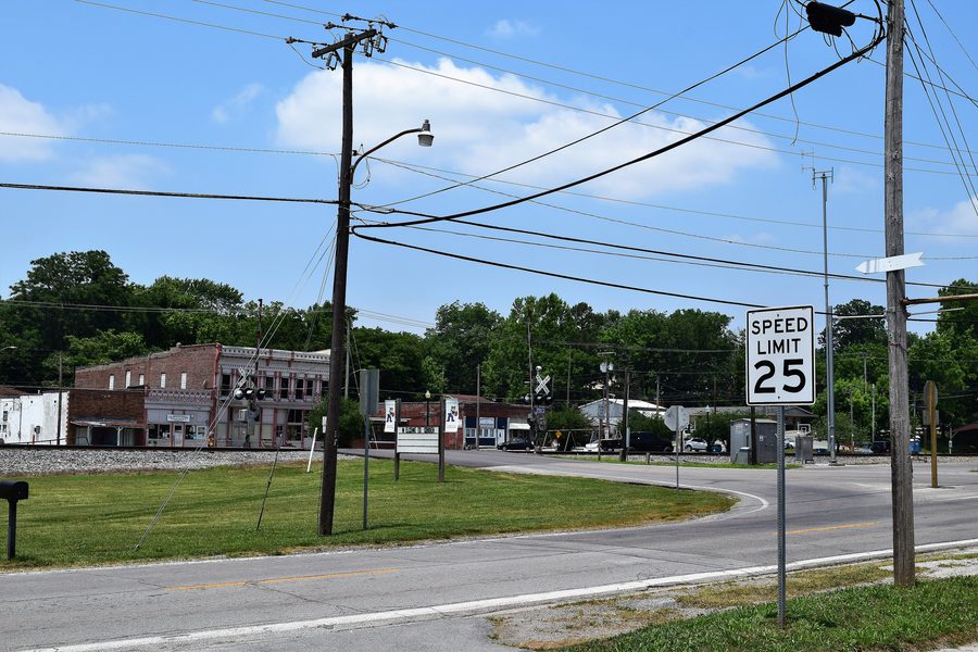 Railroad crossing in downtown Cobden, Illinois