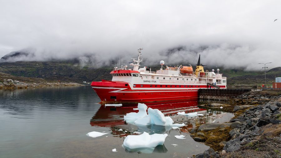 Ferry in front of Disko Island in Greenland