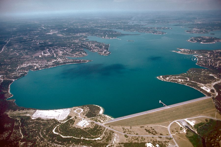 Aerial view of Canyon Lake and the dam on the Guadalupe River in Texas