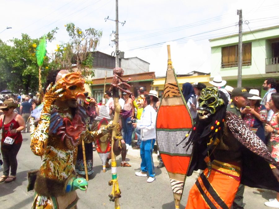 Masked participants at the 2019 Carnaval del Diablo in Riosucio, Caldas, Colombia