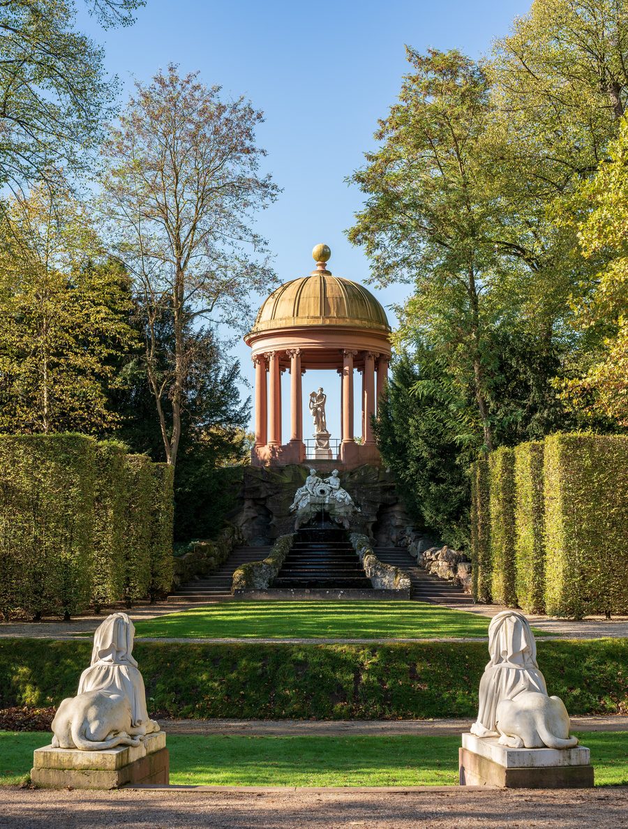View from the open-air theatre in Schwetzingen Palace Gardens toward the Temple of Apollo
