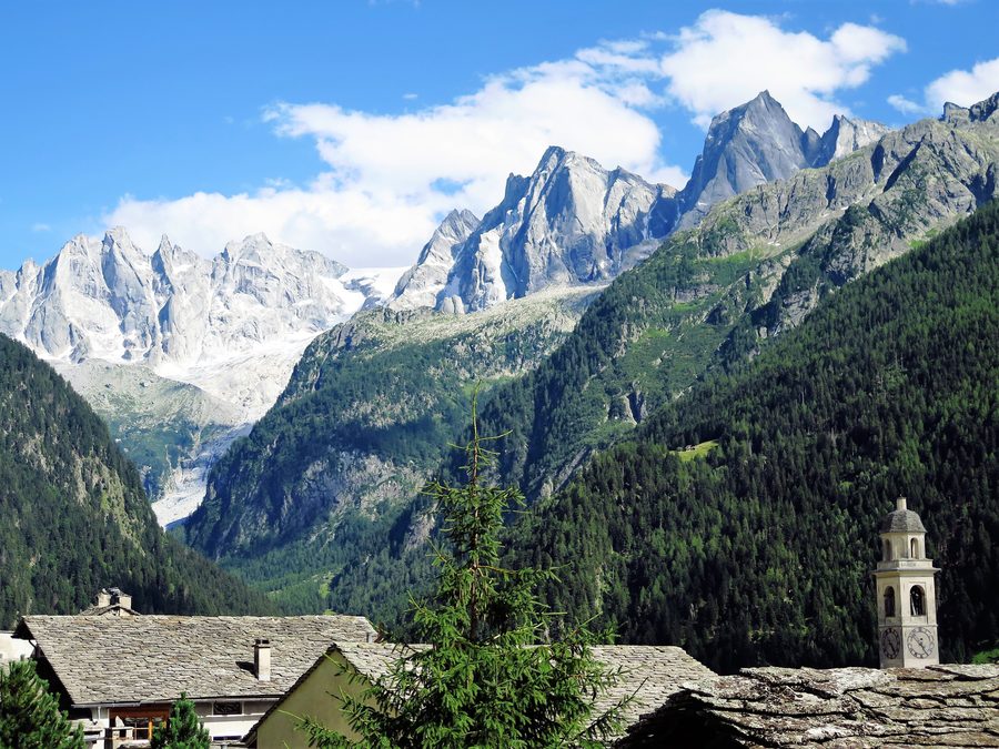View from Soglio across the Bergell into Val Bondasca and toward alpine peaks