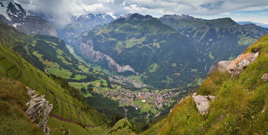 View from Männlichen over the Lauterbrunnen Valley toward the Bernese Alps