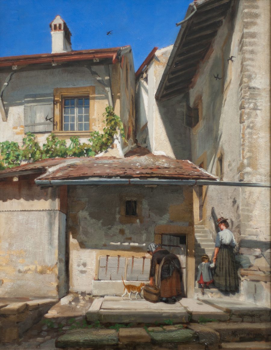 View from above of the historic village of Saint-Blaise, oil painting on wood