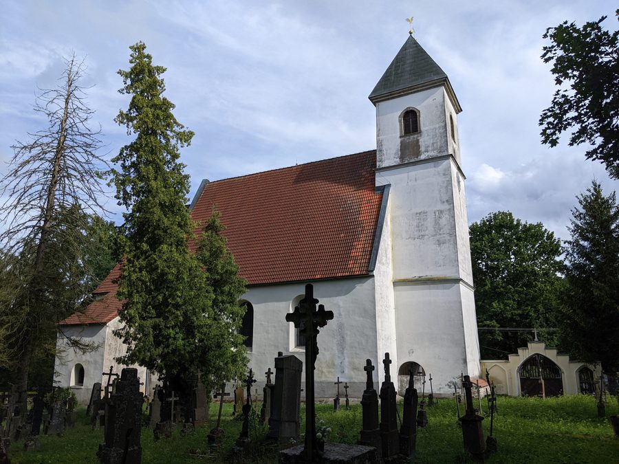 Exterior view of the Gothic Church of Nalezení sv. Kříže in Újezd Svatého Kříže
