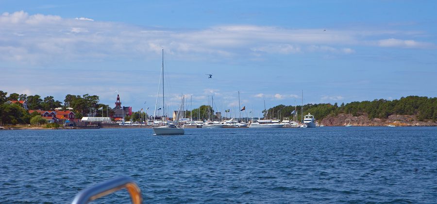 Sandhamn harbour in the Stockholm archipelago with boats and waterfront buildings