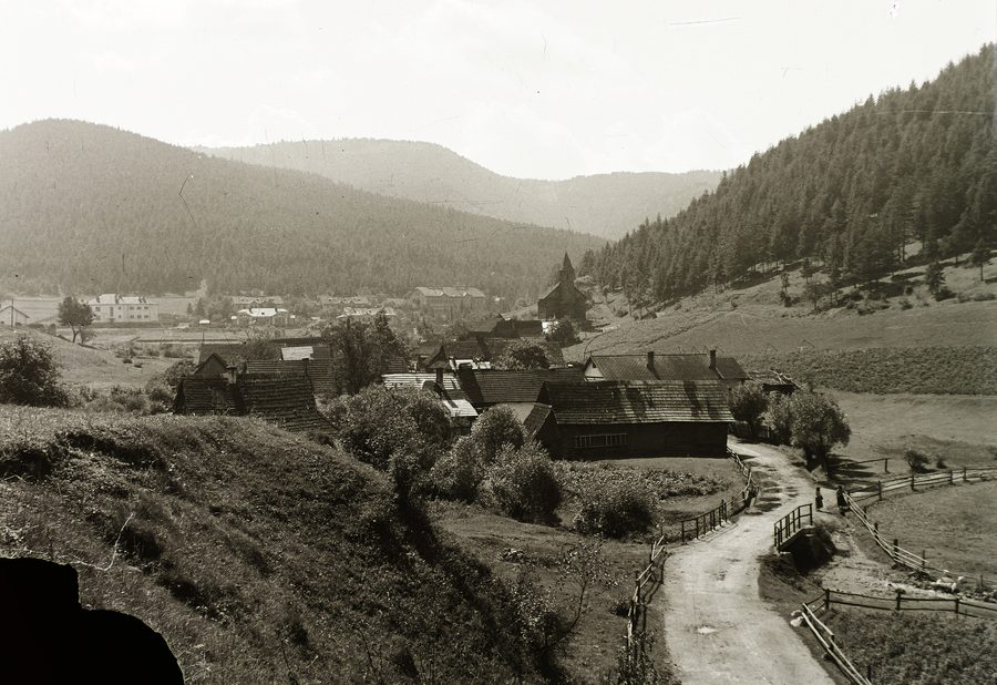Historic panorama of the village of Rudňany with the Church of Saint Clement in the center