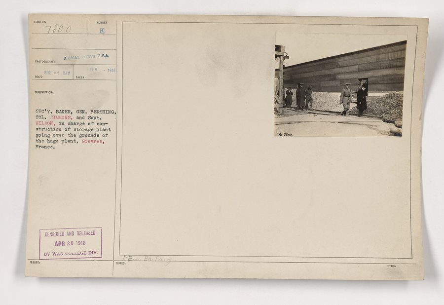 File:111-SC-7800 - Secretary Baker, Gen. Pershing, Col. Simmons, and Supt. Wilson, in charge of construction of storage plant going over the grounds of the huge plant, Gievres, France. - NARA - 55176382.jpg
