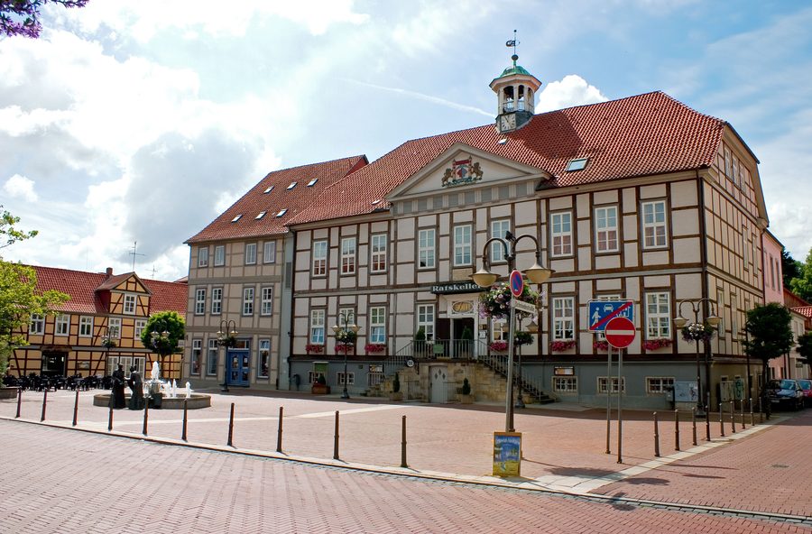 Market square with historic town hall in Lüchow in the Wendland