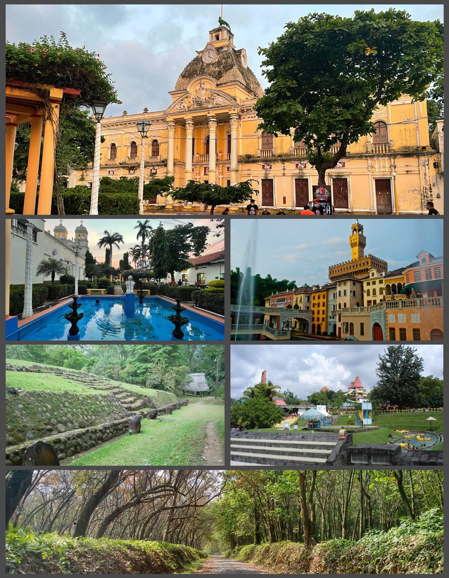 Collage mit Xetulul und Xocomil in Retalhuleu sowie weiteren regionalen Motiven