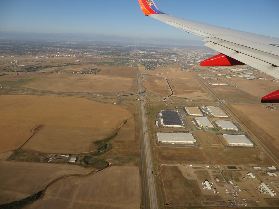 Denver viewed from the air with the Front Range of the Rocky Mountains in the background