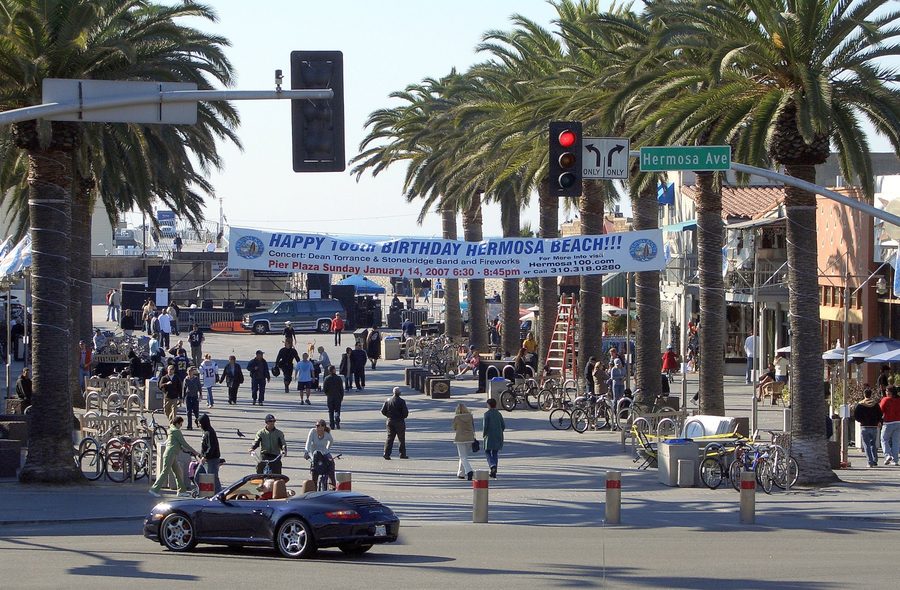 Hermosa Beach Pier Plaza and the beachfront in Hermosa Beach, California