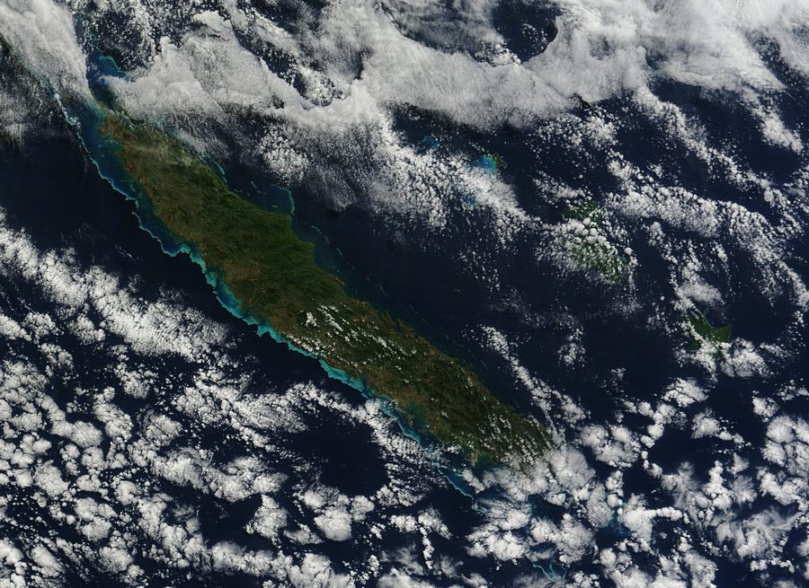 Satellite image of Grande Terre and other islands of New Caledonia in the Pacific