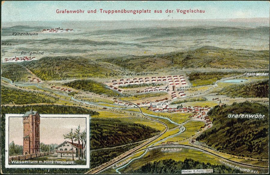 Historical postcard showing Grafenwöhr and the surrounding area
