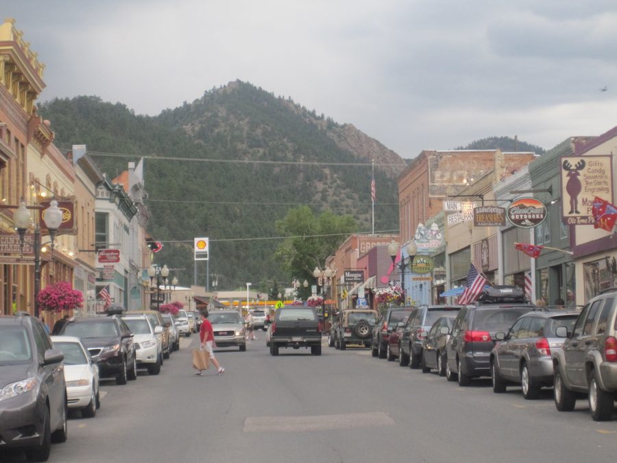 View west on Miner Street, the main street of Idaho Springs, Colorado
