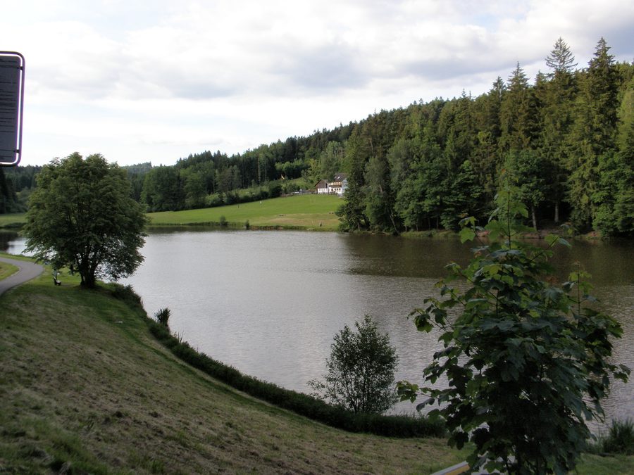 The Reichenbach flood retention basin near Spraitbach in a wooded valley landscape.