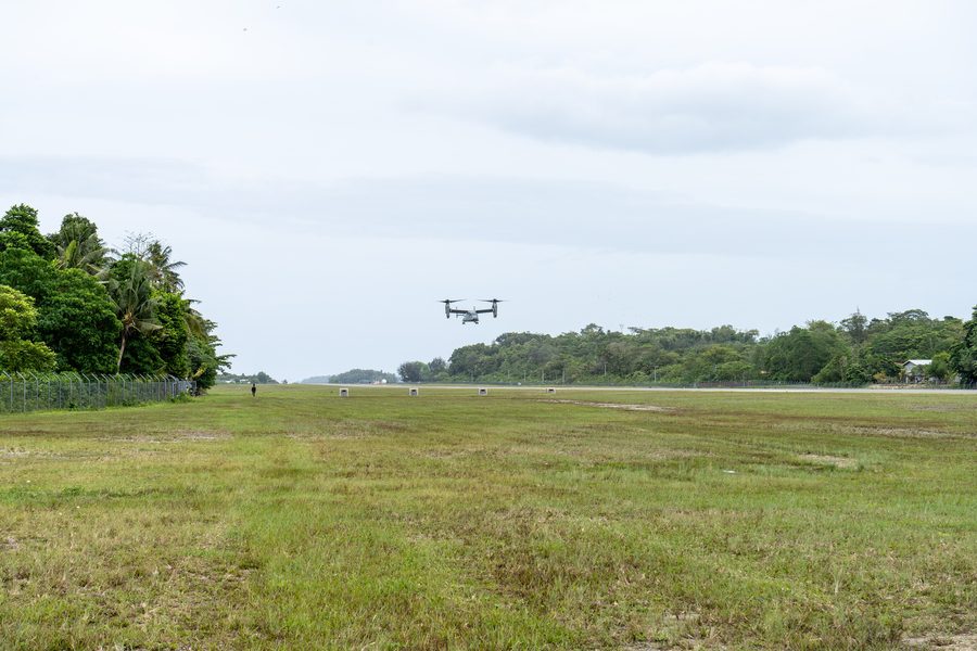 An MV-22B Osprey lands at Munda Airport on New Georgia