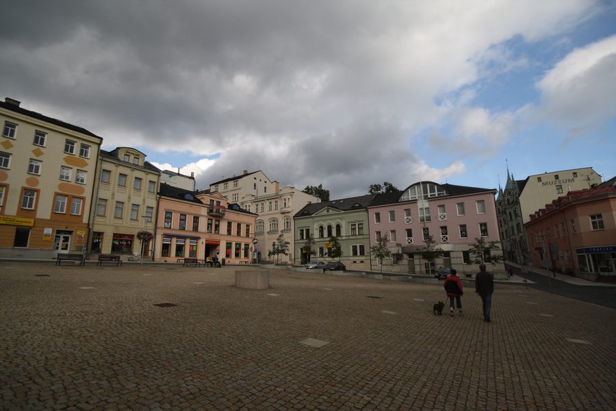 Dolní náměstí in Jablonec nad Nisou with urban buildings.
