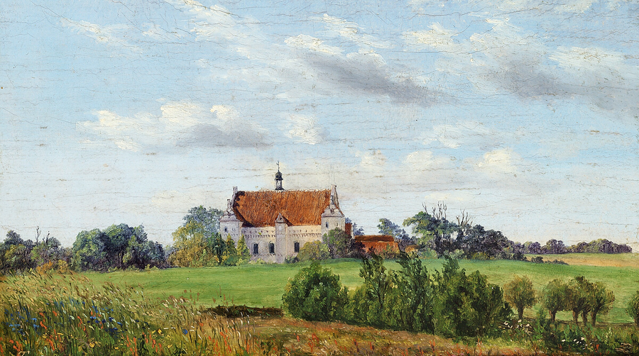 Historical depiction of the manor house Ørbæklunde on Funen
