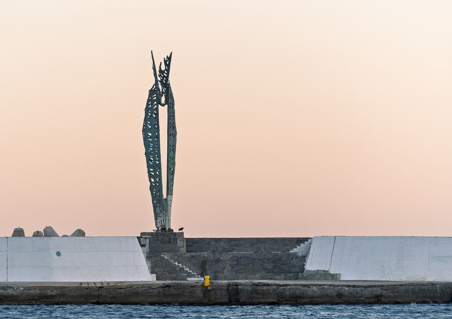 Icarus statue on the waterfront fortification of Agios Kirykos on Ikaria