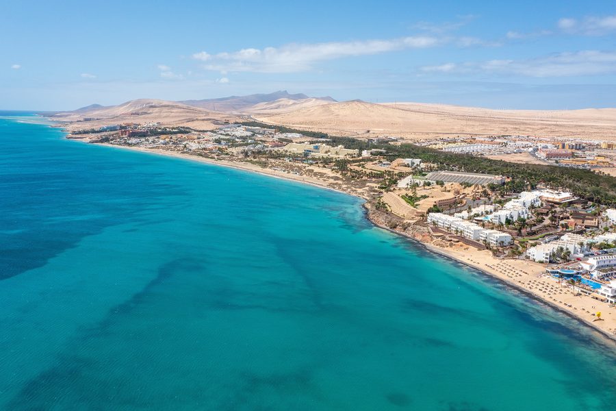 Aerial view of Costa Calma with beach and hotels on Fuerteventura