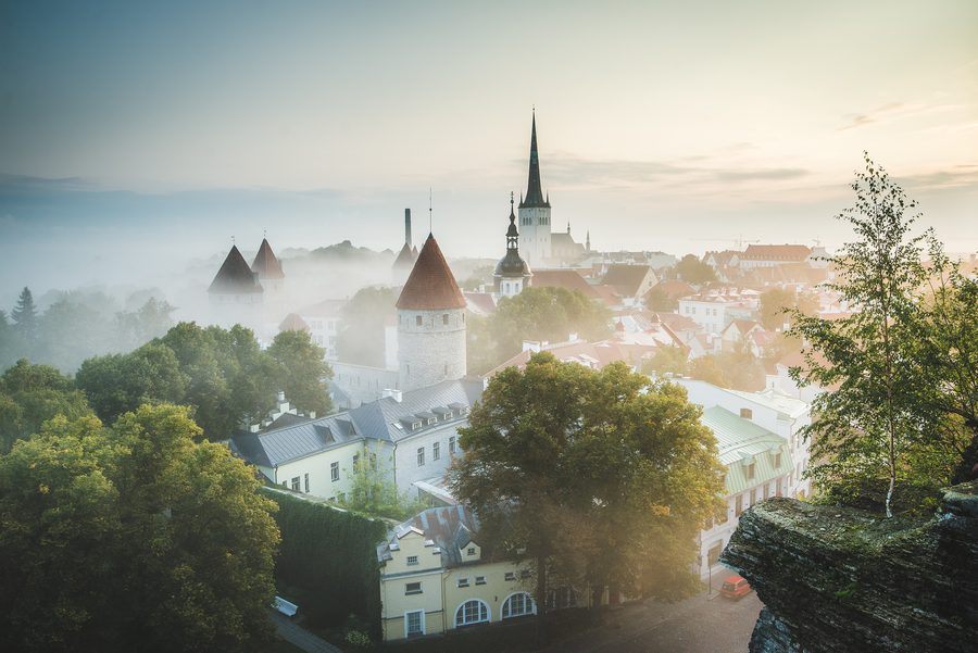 Sunrise view over Tallinn’s medieval Old Town from Patkul Viewing Platform.
