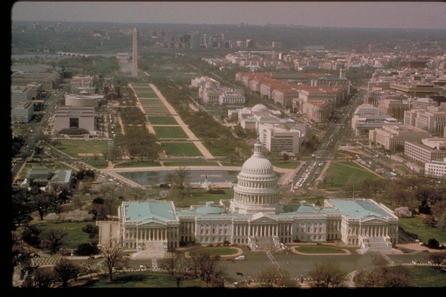 Aerial view of the National Mall in Washington, D.C., looking from the Capitol toward the Washington Monument