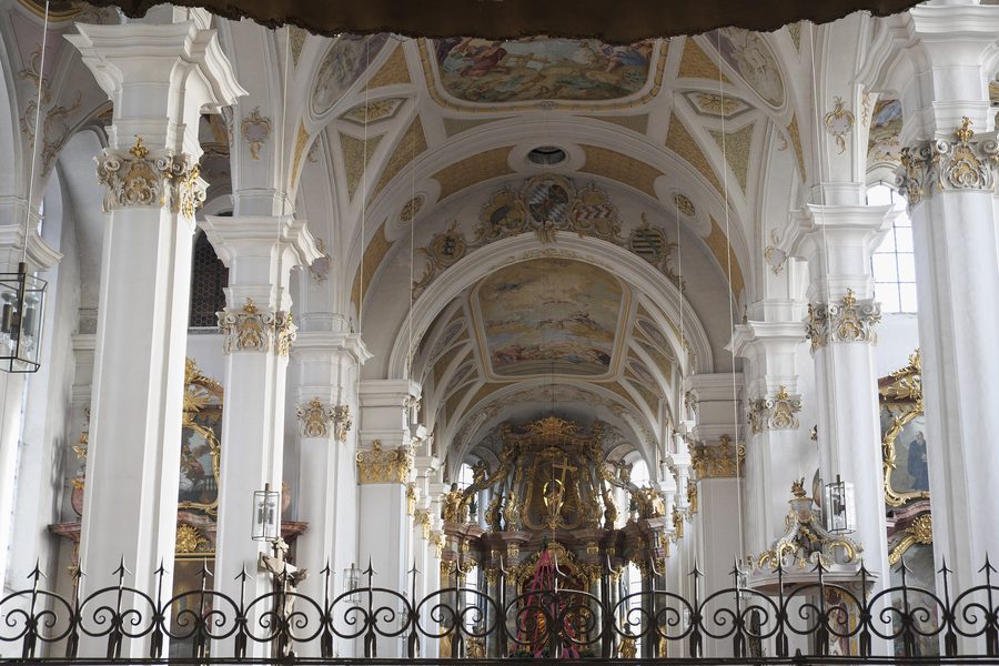 Interior of the Catholic parish and pilgrimage church of St. Sebastian in Ebersberg
