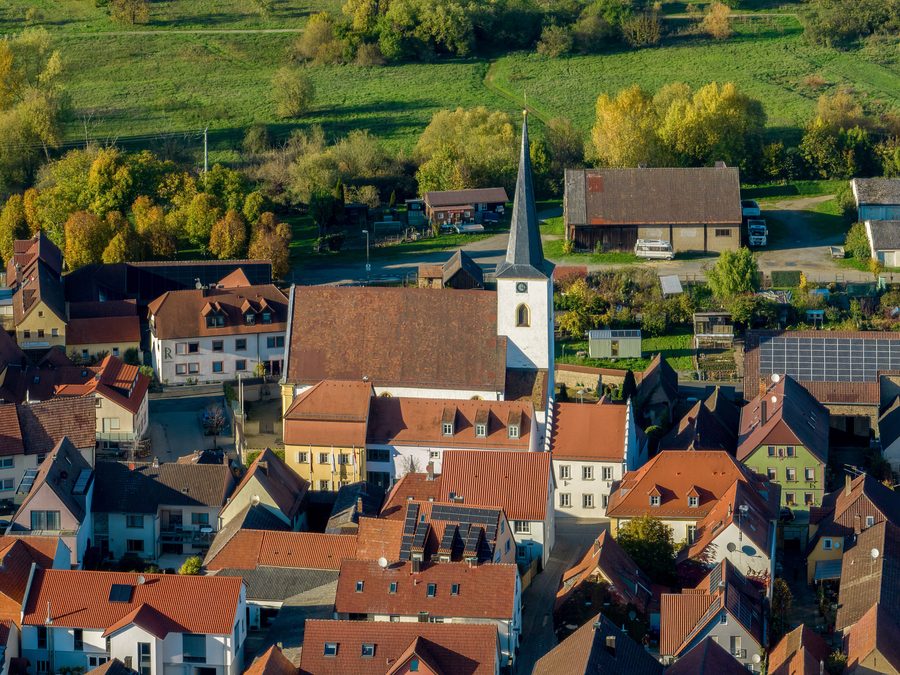 Aerial view of St. Laurentius in Nordheim am Main from the wine island