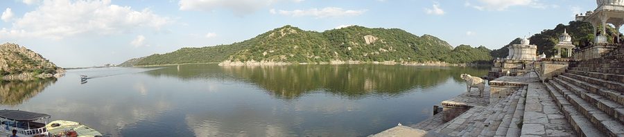 Panoramic view of Jaisamand Lake in Rajasthan, India