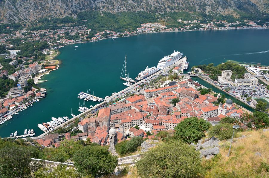View of the historic old town of Kotor from the path to St. John’s Fortress