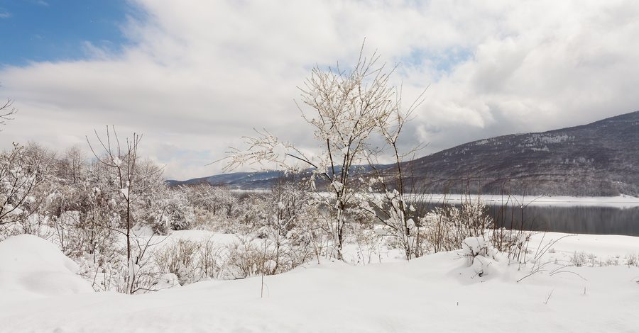 View over Mavrovo Lake in the mountain landscape