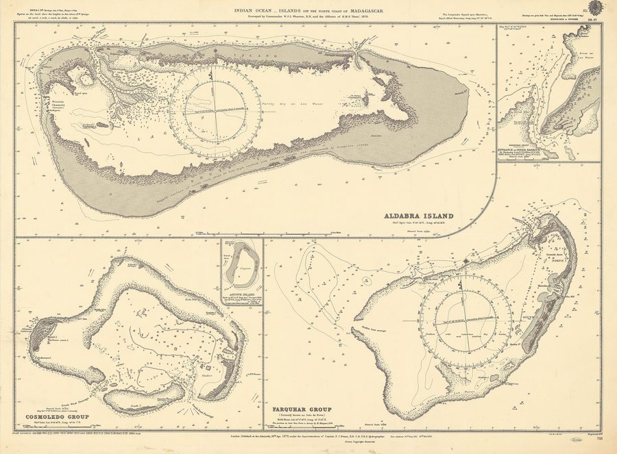 Historical nautical chart of the islands in the Indian Ocean north of Madagascar.