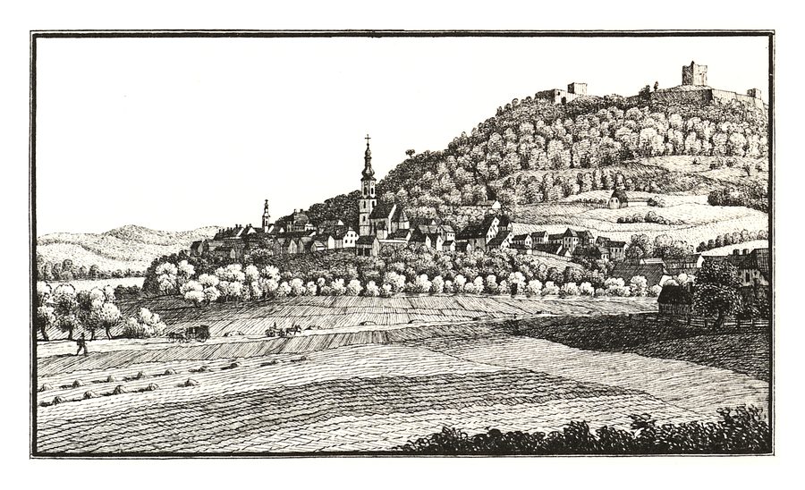 Historische Ansicht von Wildon mit der Ruine Oberwildon auf dem Schlossberg