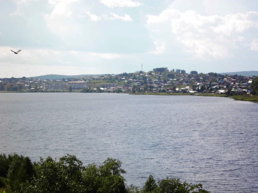 Verkhneufaley reservoir in the town of Verkhny Ufaley on the Ufaleyka River, view from the southeast bank