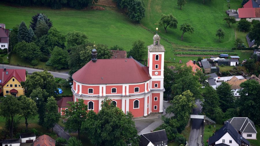 Aerial view of the Catholic parish church of St. Martin in Nebelschütz
