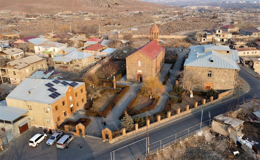 Aerial view of the Church of Saint Mesrop Mashtots in Oshakan, Armenia