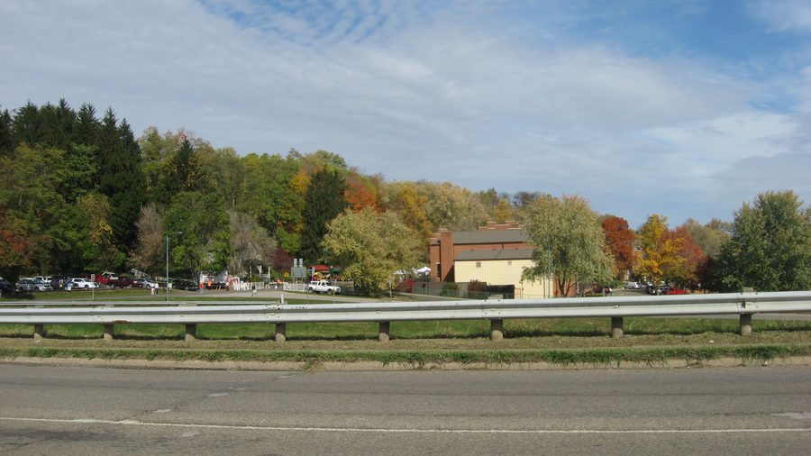 Distant view from the south of buildings at Roscoe Village in Coshocton, Ohio
