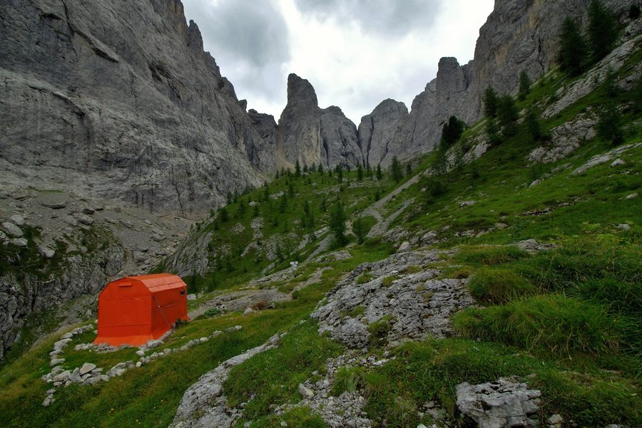 View of the Vallaccia Valley and the Bivacco Donato Zeni near Pozza di Fassa