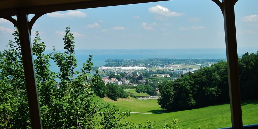 View of the Rorschach Bay of Lake Constance from the railway line between Rorschach and Heiden