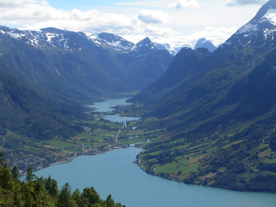 Olden and Oldedalen with Nordfjord, Oldebukta and mountain landscape