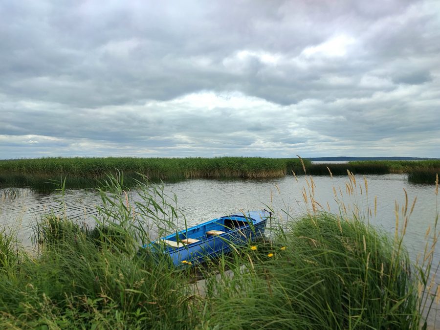 Blue boat on the shore of Lake Dryviaty in Braslav Lakes National Park