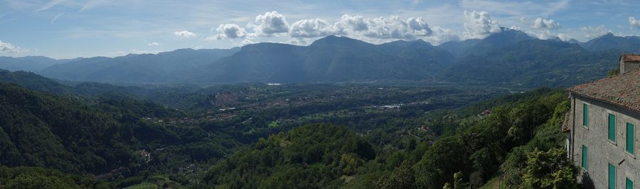 Panorama of the Serchio Valley with the Apuan Alps, Barga and Gallicano visible